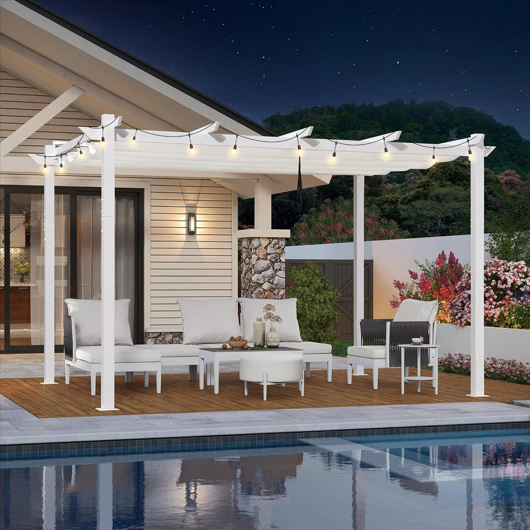 Gazebo Outdoor Retractable White Heavy-Duty Aluminum Pergola with Extra Top Roof