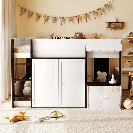 Full Loft House Bed with Playhouse Storage Modern Wood Cabin Bed for Kids