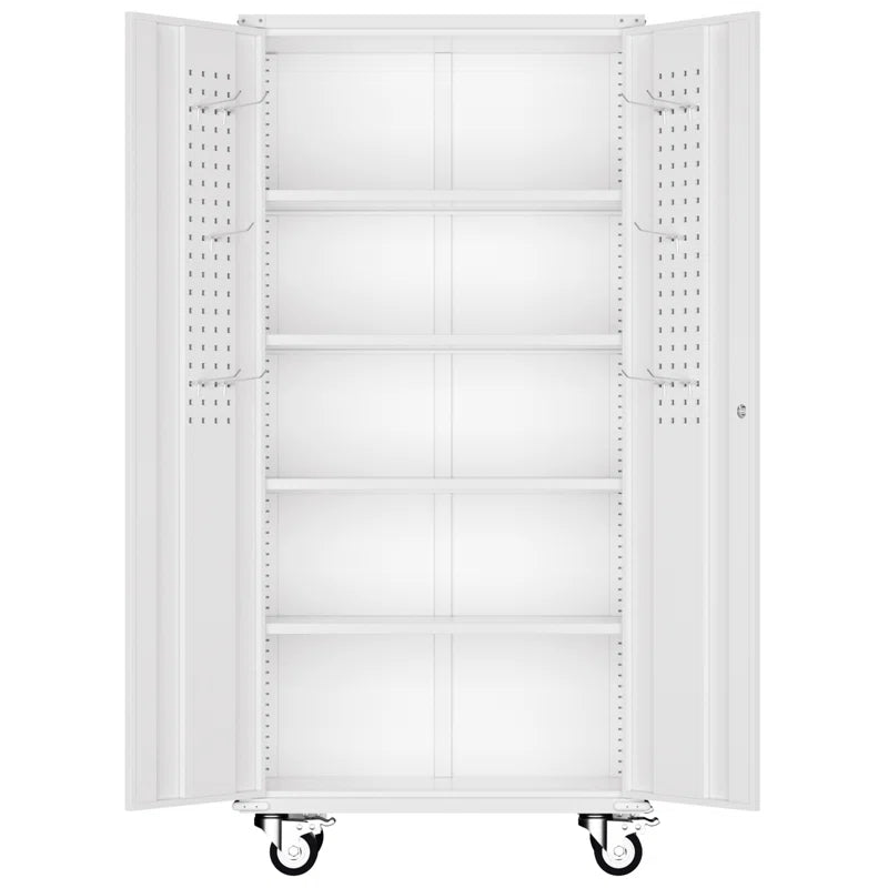 Metal Garage Storage Cabinets with Wheels & Pegboard, 72"H Rolling Storage Cabinet with Lockable Doors and 4 Adjustable Shelves, (72" H×32" W×16" D)