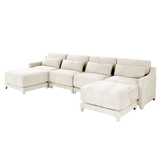 Modern Chenille 4-Seater Sofa with 2 Ottoman, Lumbar Cushions, Ergonomic Backrest, High-Resilience Spongeand Tufted Armrests