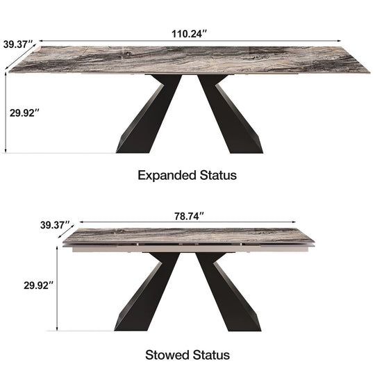 Minimalism Extendable Rectangular Sintered Stone Double Pedestal Dining Table Seat for 8-12 - 110.24"