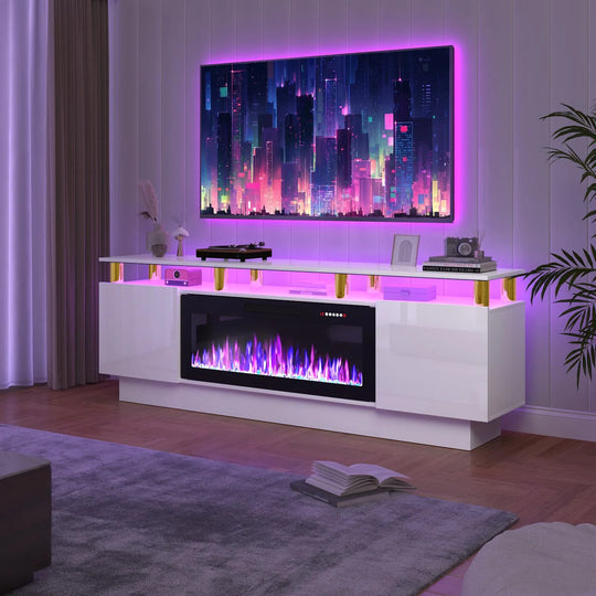 70" Modern Electric Fireplace TV Stand, with Electronic Flame and LED Lights, High Gloss Finish Entertainment Center