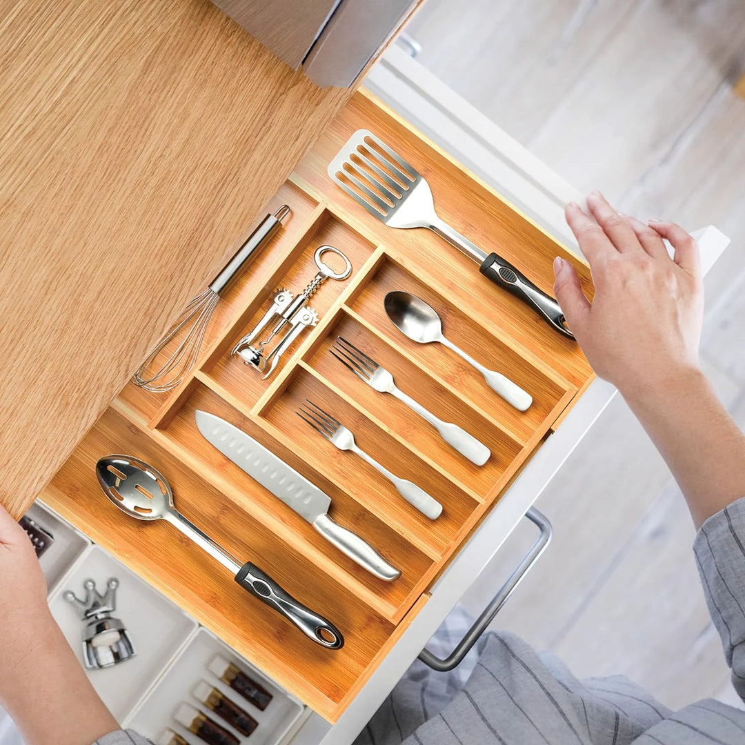 Expandable Silverware Organizer - Bamboo Kitchen Drawer Organizer, Utensil Holder - Drawer Organization and Storage
