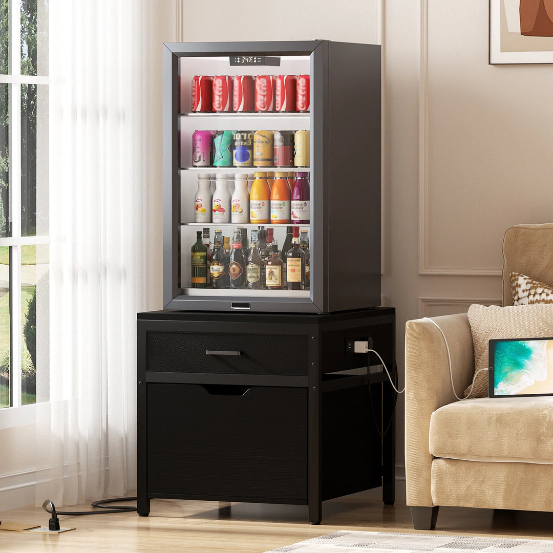 Mini Fridge Stand with Charge Station, Side/ End Table with Storage Drawers and Rolling Cabinet