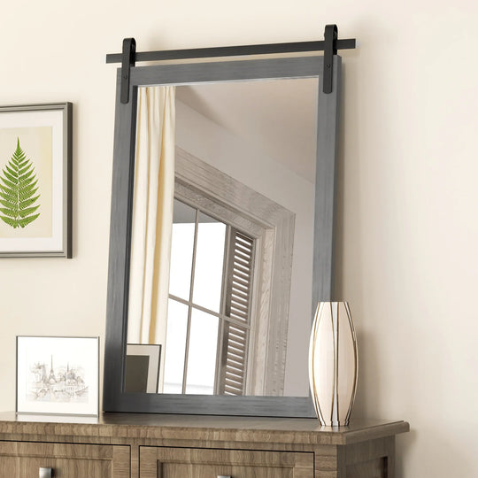 Farmhouse Barn Door Solid Wood Frame Bathroom Vanity Wall Mirror