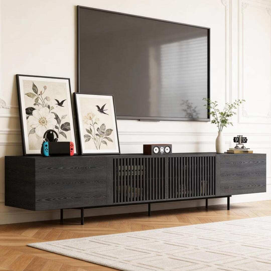 94.48 Inch Extra Long Black TV Stand with Slatted Doors, Modern Entertainment Center for Tvs up to 100 Inches,