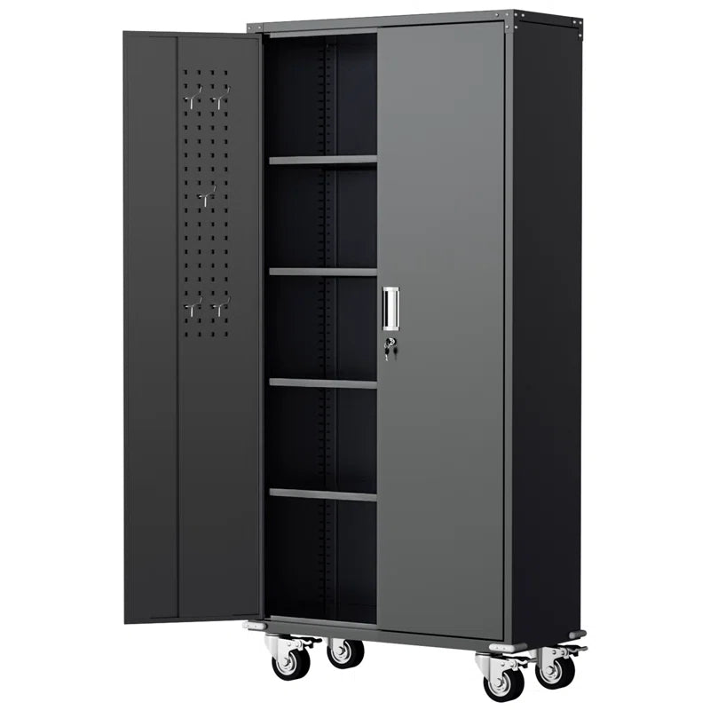 Metal Garage Storage Cabinets with Wheels & Pegboard, 72"H Rolling Storage Cabinet with Lockable Doors and 4 Adjustable Shelves, (72" H×32" W×16" D)