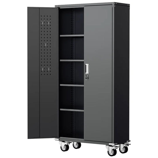 Metal Garage Storage Cabinets with Wheels & Pegboard, 72"H Rolling Storage Cabinet with Lockable Doors and 4 Adjustable Shelves, (72" H×32" W×16" D)