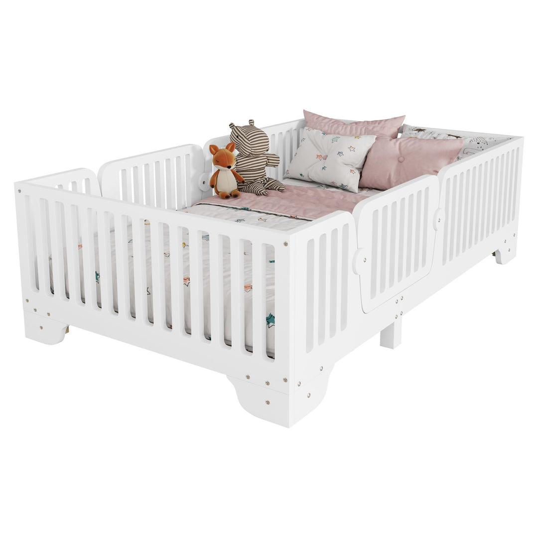 Full Size Montessori Floor Bed Frame with Safety Rails and Removable Door, Low Profile Kids Bed with Slatted Support