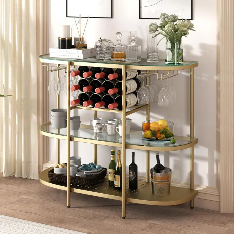 Itasca Metal Wine Bar Stand with 4-Tier Storage, Tempered Glass Wine Rack Table with Glass Holders