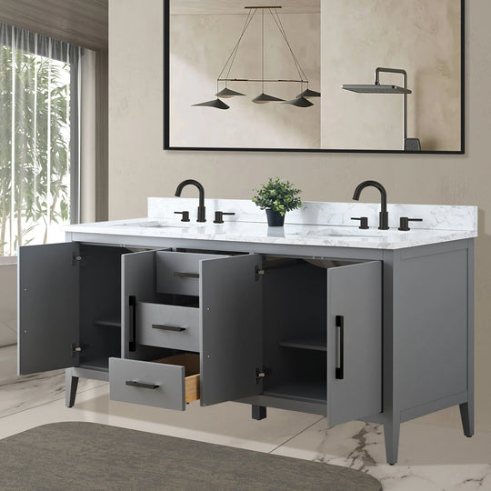72" Double Sink Bathroom Vanity Cabinet with Engineered Marble Top