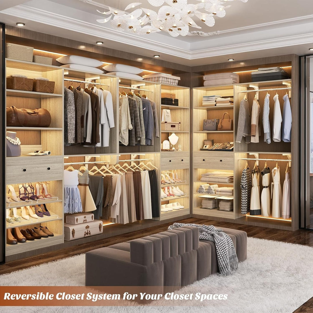 5FT Closet System with 2 Hanging Rods and Wooden Drawer, Walk-In Closet Organizer with 2 Wing Shelve and Adjustable Rack Shelves