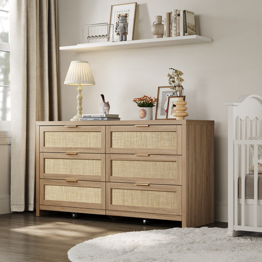 Elegant Right Angled Dresser with 6 Rattan Woven Drawers