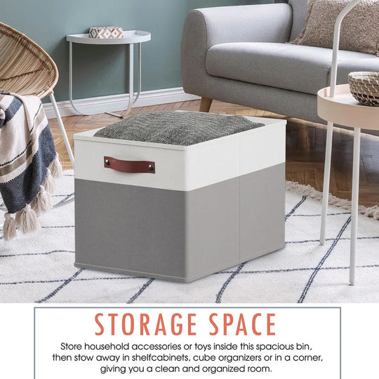 Foldable Collapsible Storage Box Bins Linen Fabric Shelf Basket Cube Organizer with Leather Handles - Set of 6