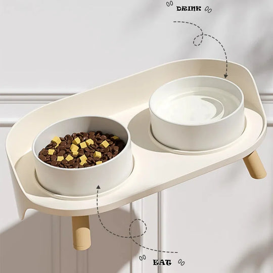 Bone China Double Pet Feeder, Elevated Cat Dog Food Double Bowls, Ceramic Pet Feeding Bowl for Food and Water
