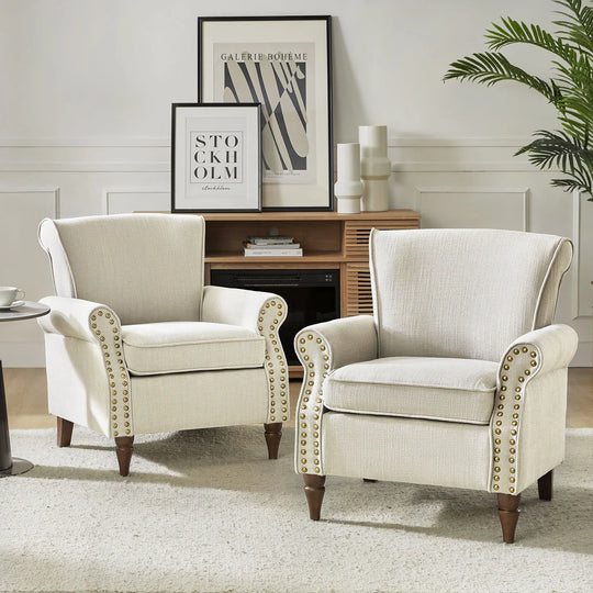 Nyctelius Upholstered Comfy Accent Chair with Turned Wooden Legs and Nailhead Trim Set of 2 by
