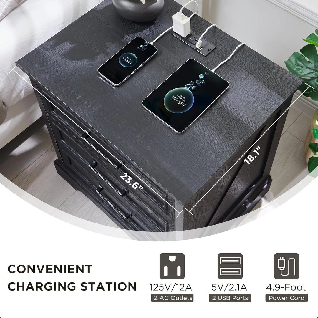 Farmhouse 3-Drawer Nightstand, Wide End Table with Charging Station