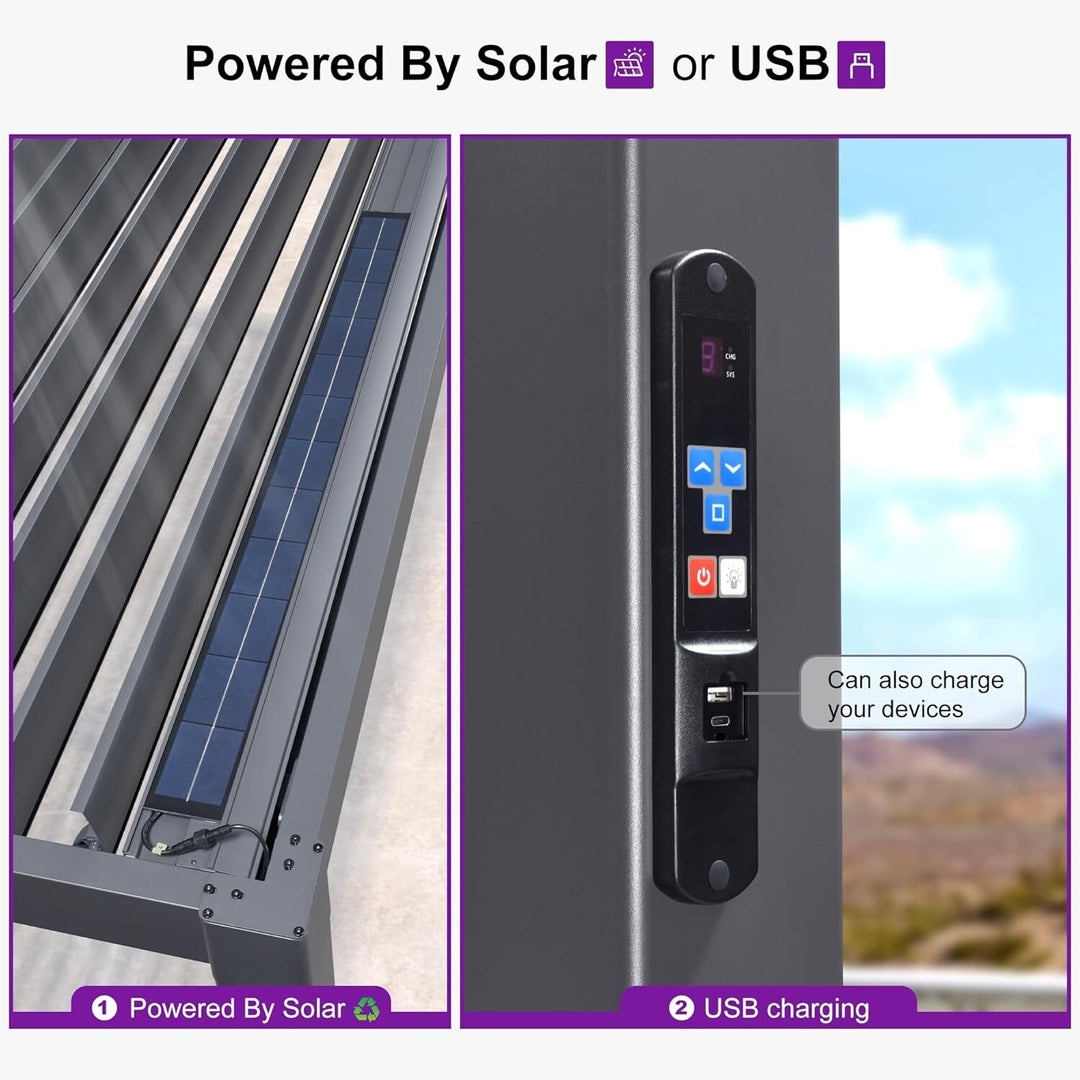 Solar Louvered Pergola with LED String Lights Aluminum Outdoor Pergola with Adjustable Roof for Patio Garden
