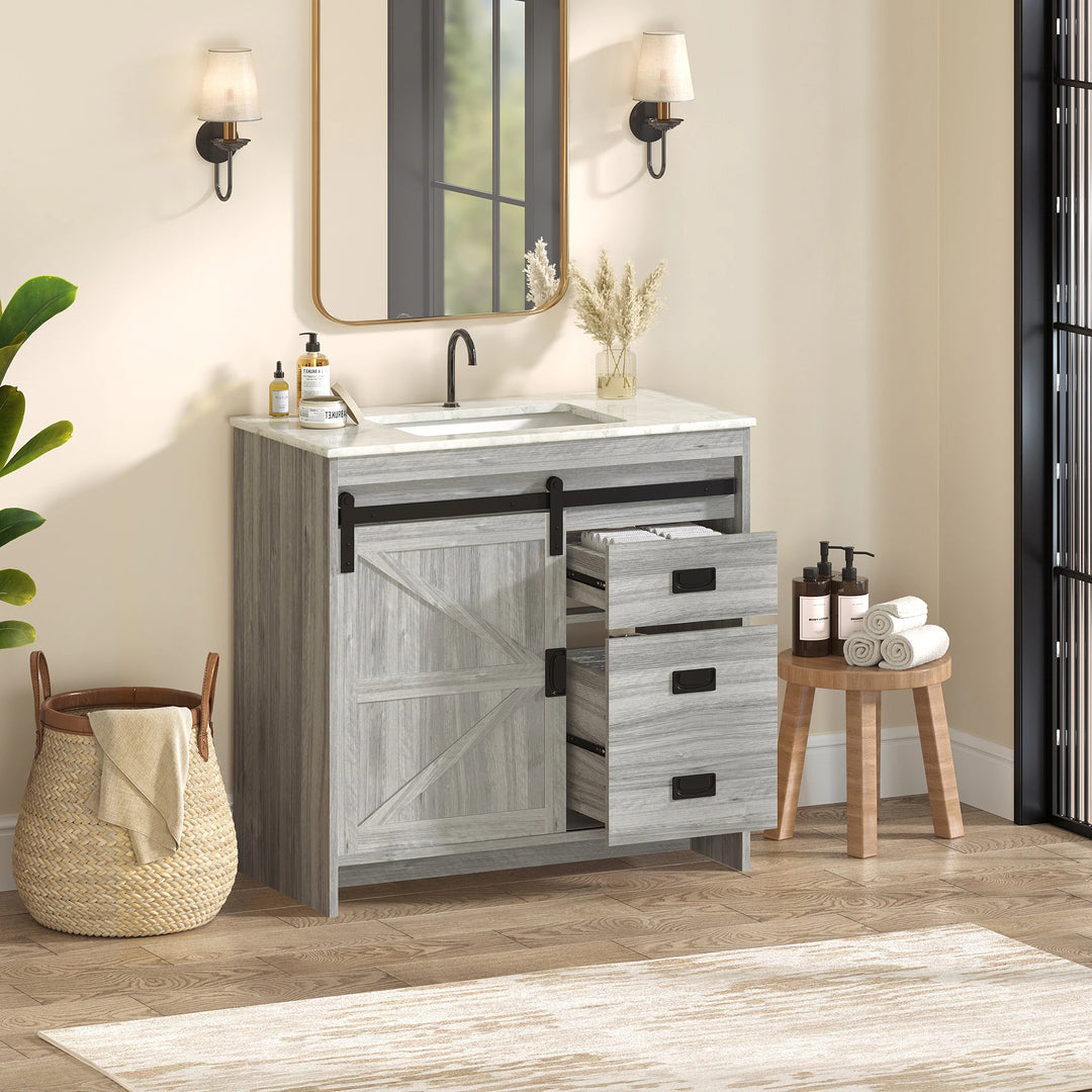 Farmhouse Bathroom Vanity with Ceramic Top and Sliding Barn Door Sink Cabinet, Rustic Single Sink Vanity