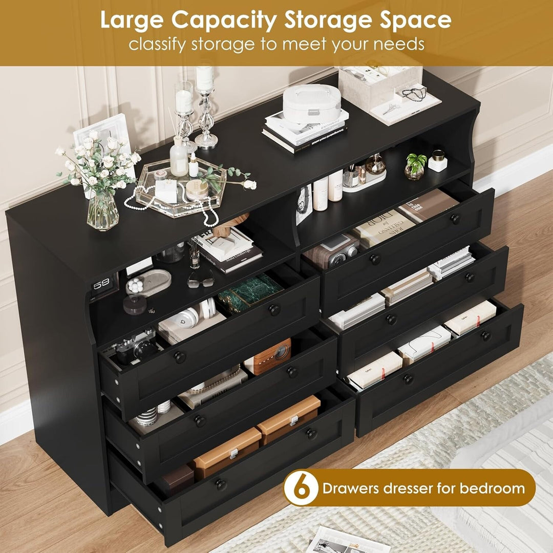 55" Black 6-Drawer Wood Dresser, Modern Storage Organizer for Bedroom, Living Room, Closet & Entryway