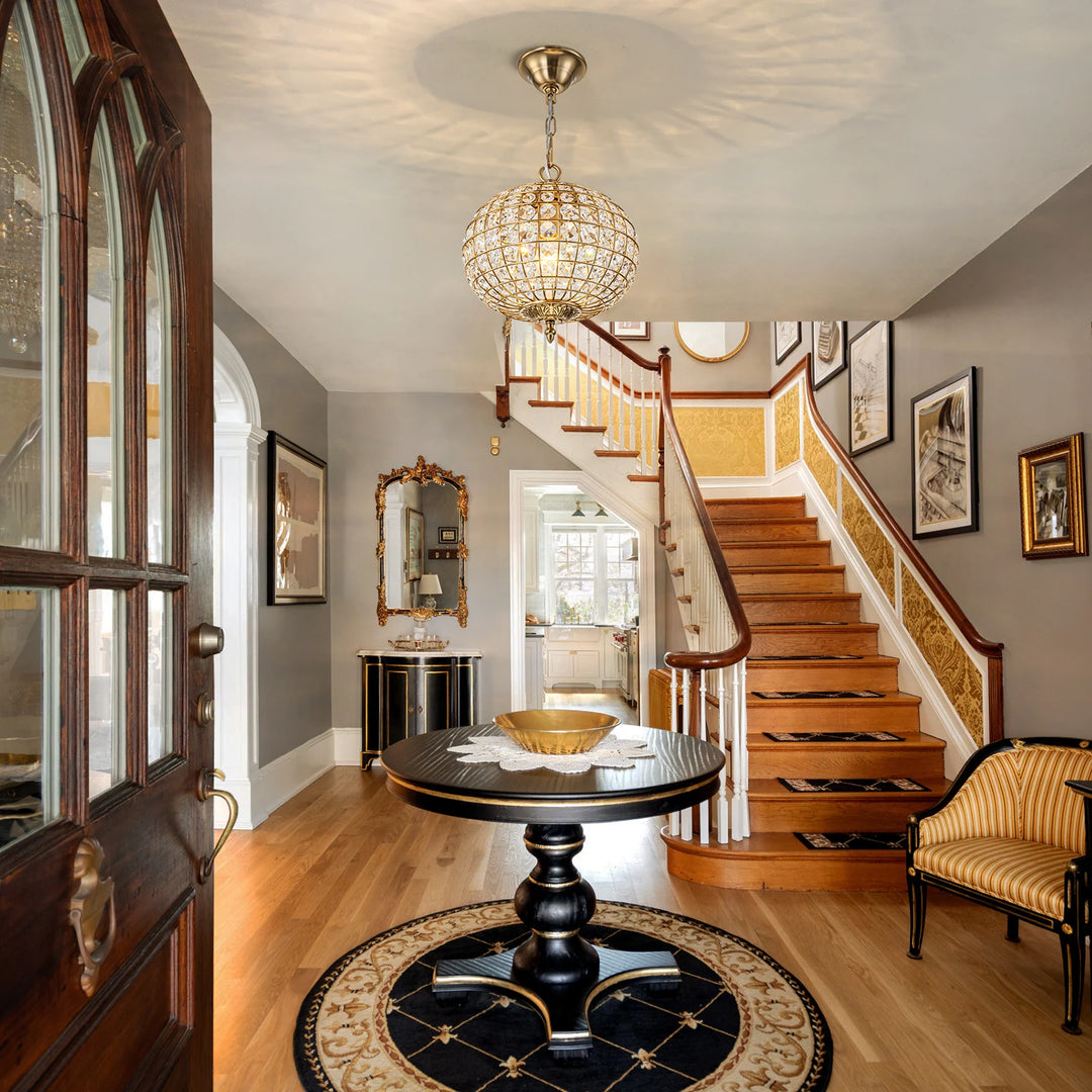 Retro French 4/5-Light Antique Brass Globe Crystal Chandelier for Living/Dining Room