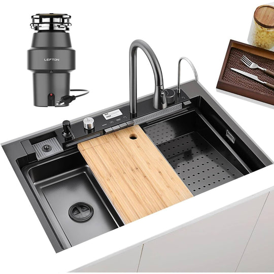 New 33"X22" Stainless Steel Waterfall Kitchen Sink with Temperature Display in Fahrenheit, Pull-Down, KS2206L-PRO