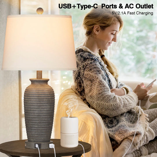 Set of 2 Bedside Resin Table Lamps with 3-Way Touch Control and Dual USB Ports