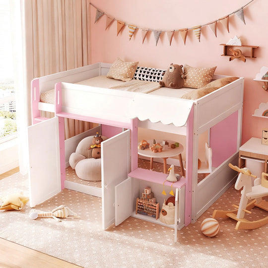 Full Loft House Bed with Playhouse Storage Modern Wood Cabin Bed for Kids