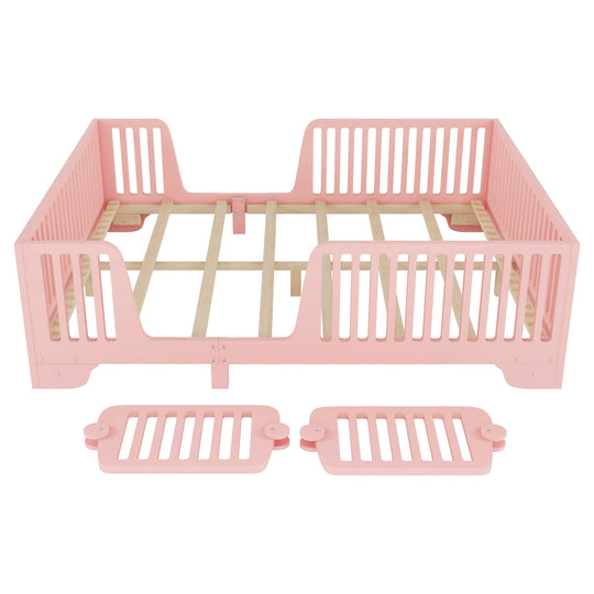 Full Size Montessori Floor Bed Frame with Safety Rails and Removable Door, Low Profile Kids Bed with Slatted Support