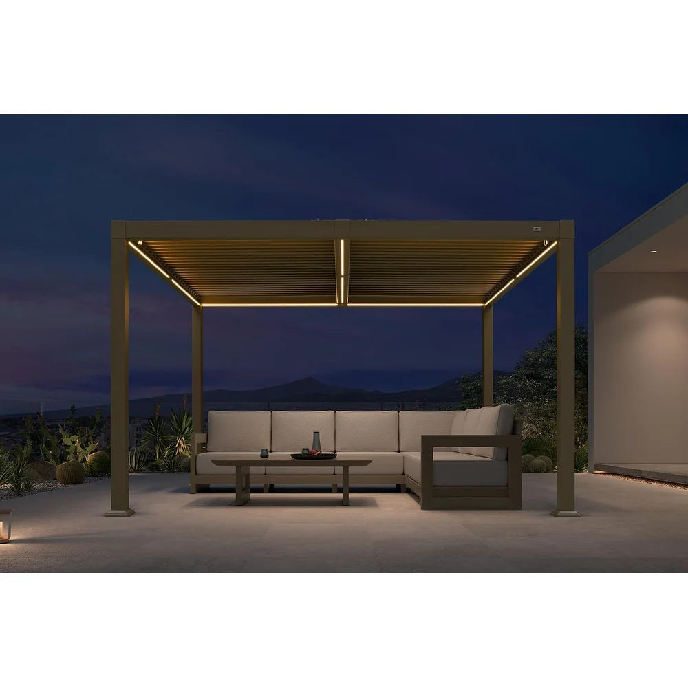 Solar Louvered Pergola with LED String Lights Aluminum Outdoor Pergola with Adjustable Roof for Patio Garden