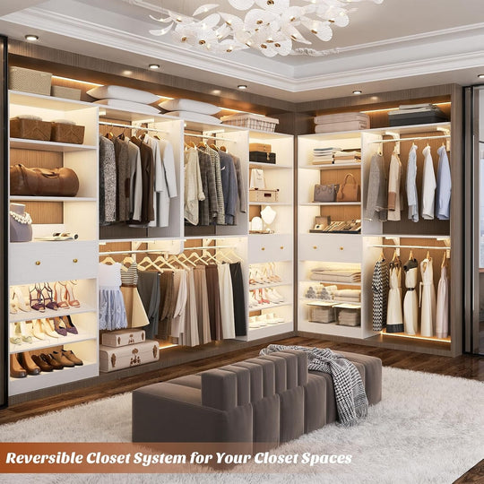5FT Closet System with 2 Hanging Rods and Wooden Drawer, Walk-In Closet Organizer with 2 Wing Shelve and Adjustable Rack Shelves