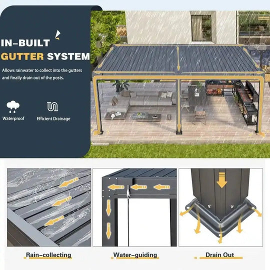 Outdoor Louvered Pergola Gazebo with Adjustable Aluminum Rainproof Roof and Pull-Down Screen