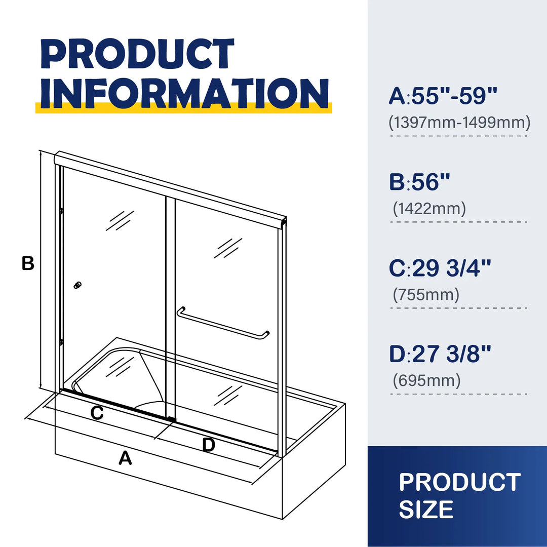 55-59" W X 56" H Bath Tub Semi-Frameless Sliding Shower Door