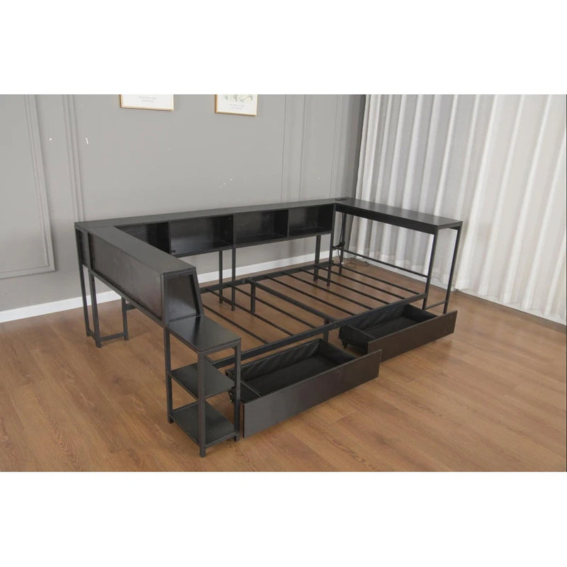 Corner Bed Frame Full Size with Bookcase Two Underbed Storage Drawers LED