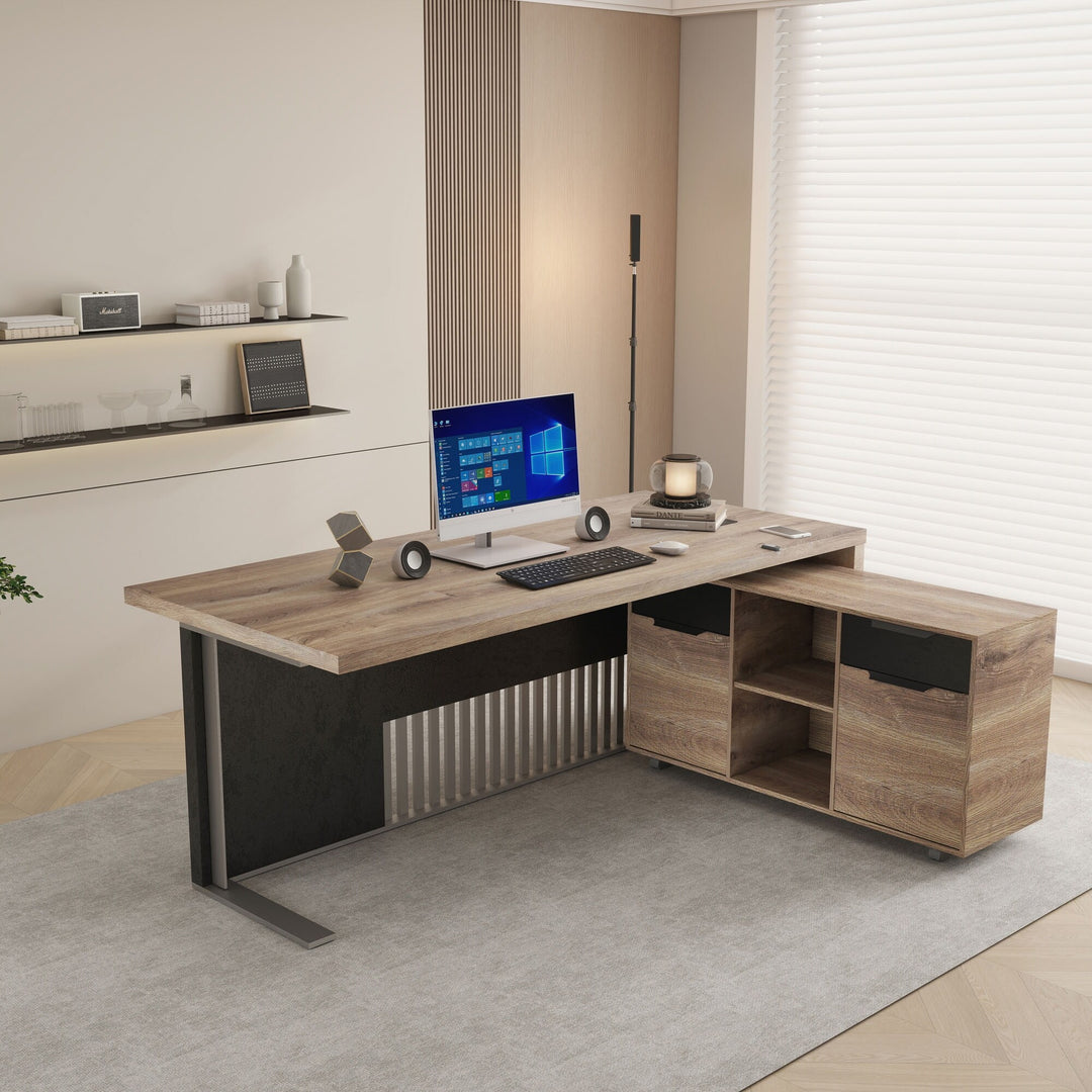 WESOME L-Shaped Executive Office Desk with 2 Drawers 4 Wheels File Cabinets Cable Management