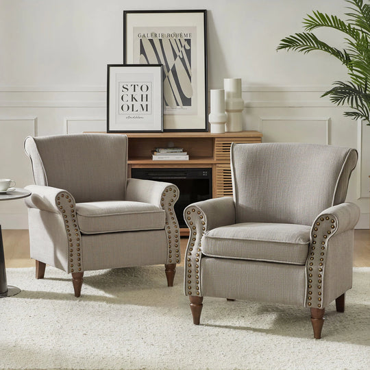 Nyctelius Upholstered Comfy Accent Chair with Turned Wooden Legs and Nailhead Trim Set of 2 by