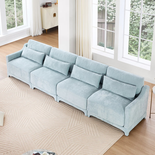 Modern Chenille 4-Seater Sofa with 2 Ottoman, Lumbar Cushions, Ergonomic Backrest, High-Resilience Spongeand Tufted Armrests