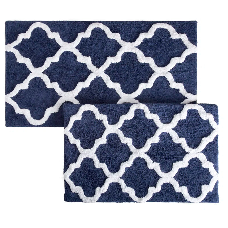 Bassam 2PC 100% Cotton Bathroom Rug Set - with Trellis Pattern and Non-Slip Base - Machine Washable Bathroom Mats