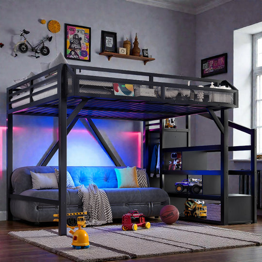 Metal Loft Bed with Storage Stairs, Built-In Wardrobe, Shelves, USB Ports, LED Lights & Noise-Reduced Frame