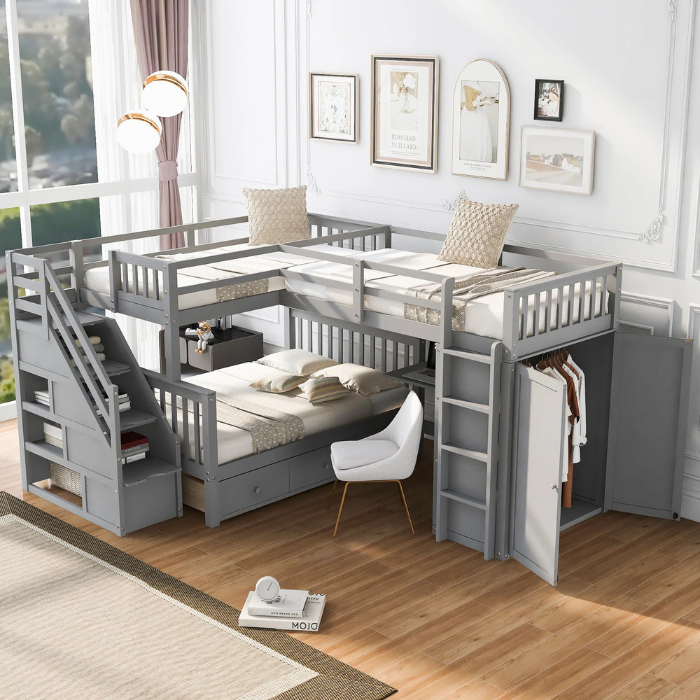 L-Shaped Bunk Bed with Three Drawers, Portable Desk and Wardrobe, Twin-Twin over Full Design