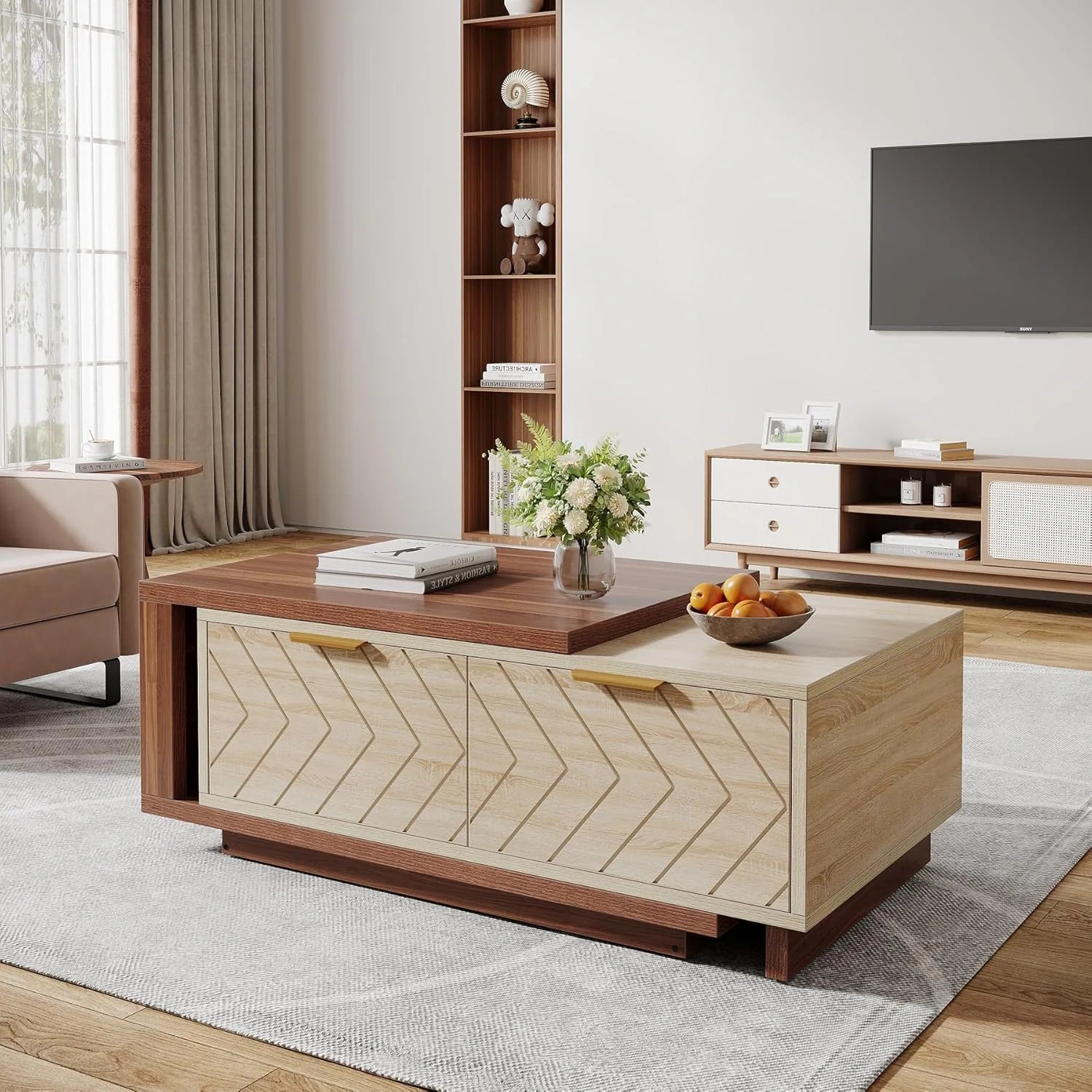 42"-65" Extendable Coffee Table, 2 Storage Drawers, Rectangular Cocktail/Center Table for Living Room