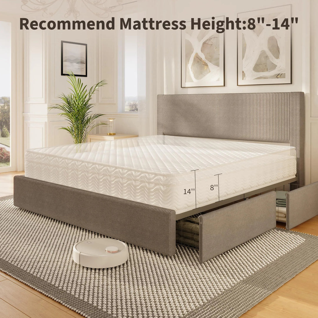 Upholstered Corduroy Channel Tufted Headboard Bed Frame, with 4 Storage Drawers