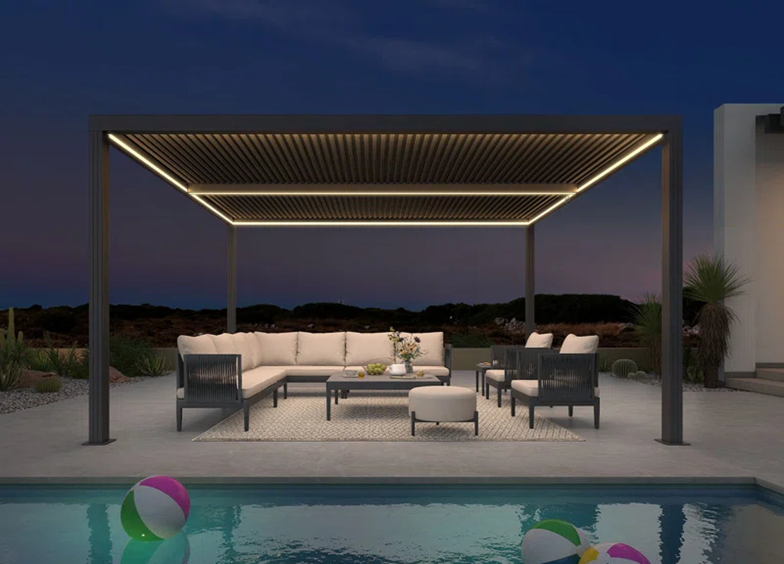 Led Louvered Pergola Full Aluminum Frame and Adjustable Roof Integrated Strip Lights for Outdoor Patio Gray Hardtop Gazebo Pergola