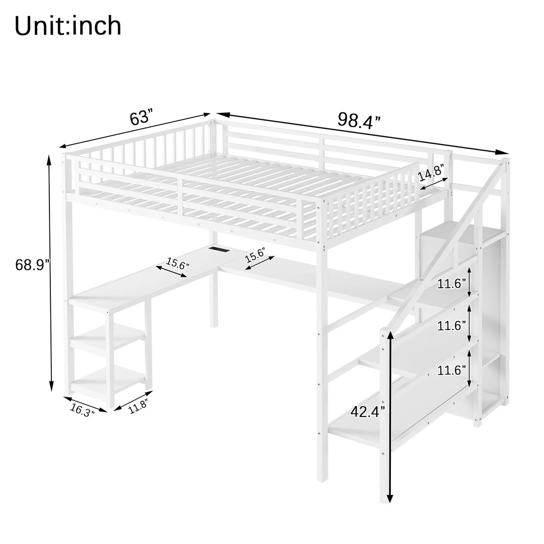 Metal Queen Loft Bed W/ Wardrobe & LED Light L Shaped Desk USB for Kids Teens Adults - White