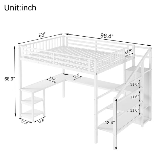 Metal Queen Loft Bed W/ Wardrobe & LED Light L Shaped Desk USB for Kids Teens Adults - White