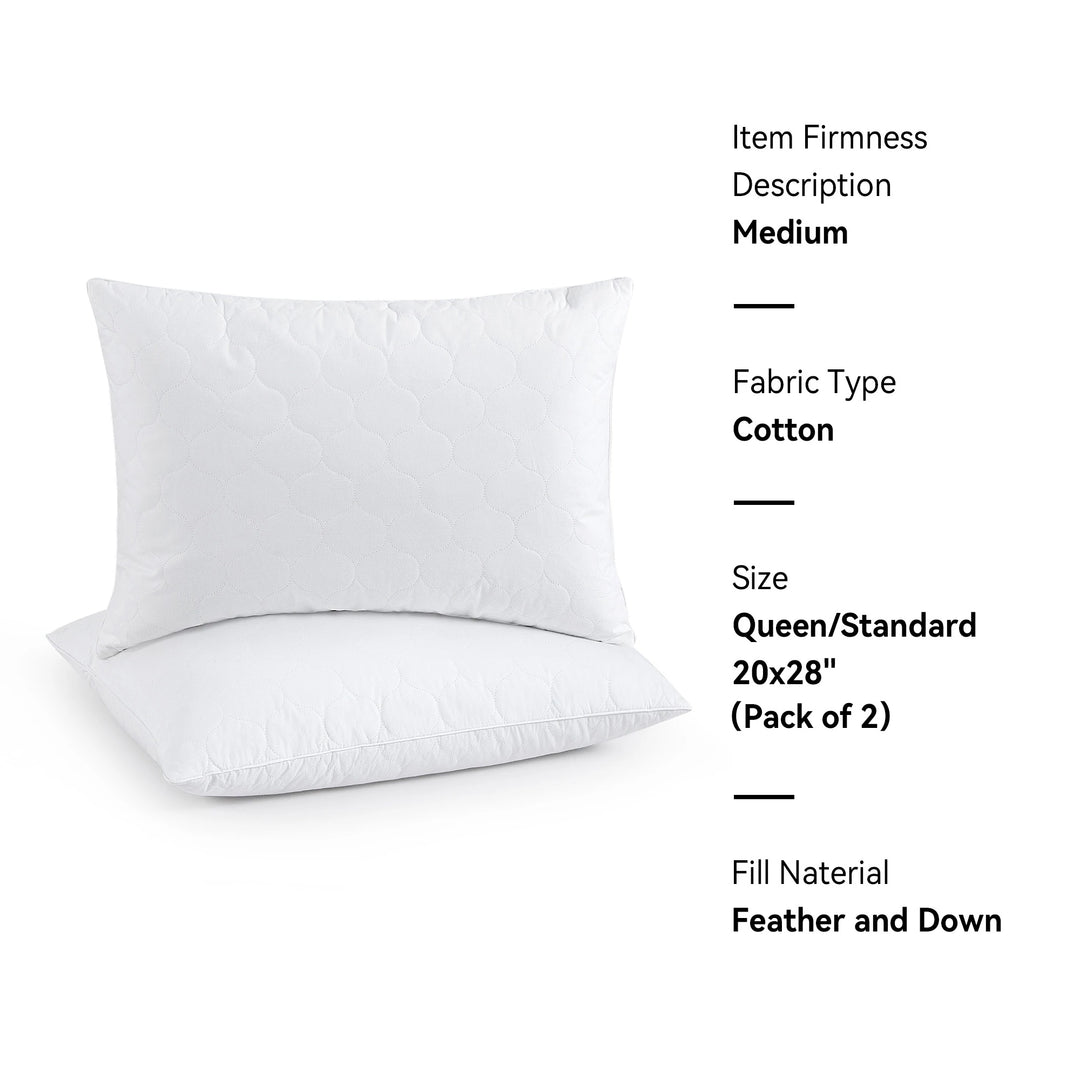 2 Pack Goose Feather down Pillows with Quilted Cotton Cover - White