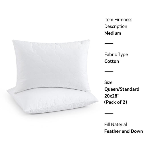 2 Pack Goose Feather down Pillows with Quilted Cotton Cover - White