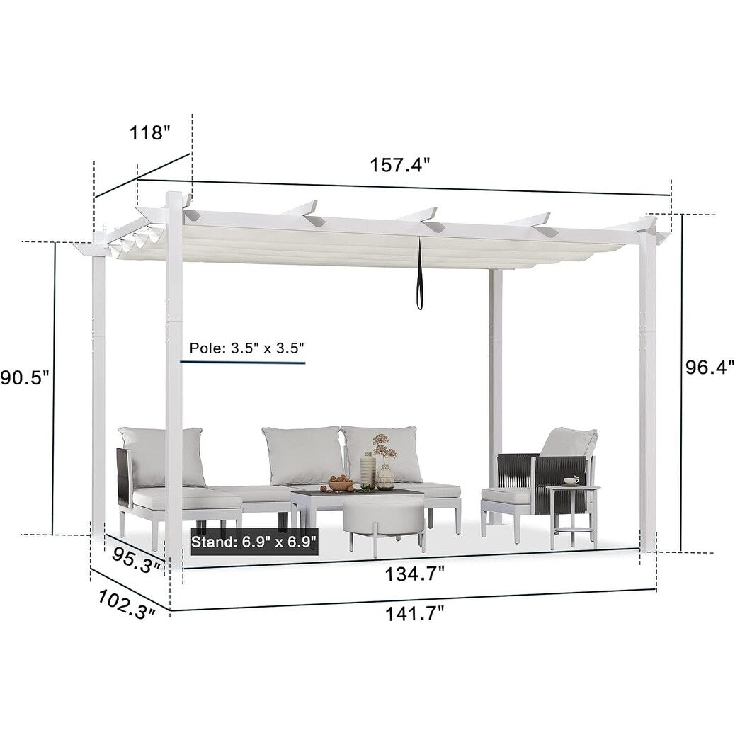 Gazebo Outdoor Retractable White Heavy-Duty Aluminum Pergola with Extra Top Roof