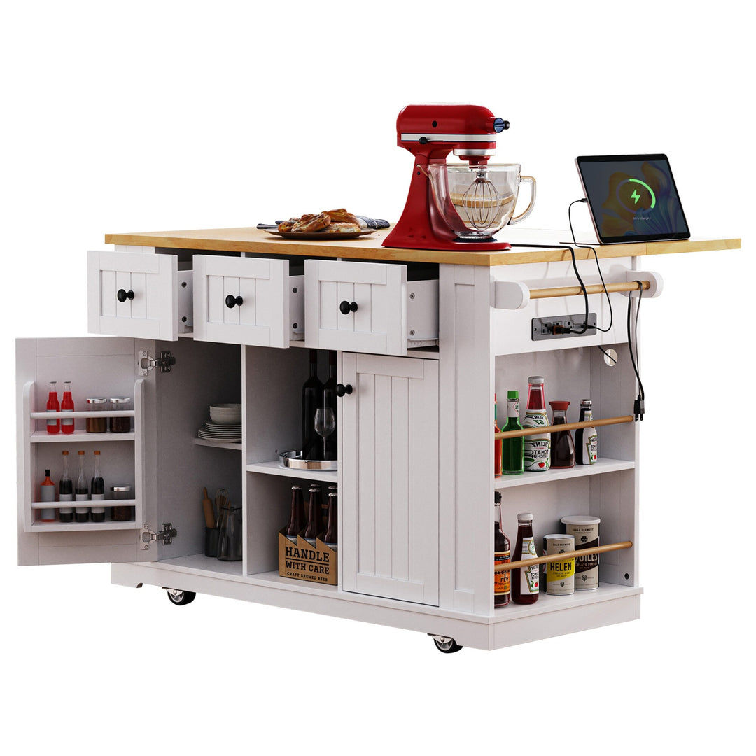Large Kitchen Island with Drop Leaf,Power Outlet,Door Internal Storage Rack,3 Drawers(Not Include Bar Stools)