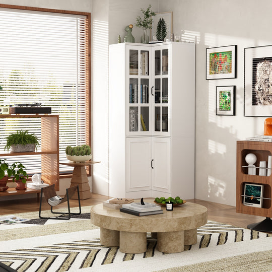 78.7"H Combo Buffet Sideboard White Curio Bookcase Cabinet Glass Door